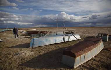 Fishing boats on what was once Lake Poopó's shore.