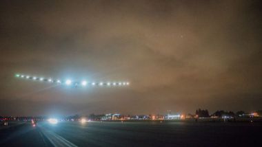 A pre-dawn take-off for Solar Impulse from Moffett Airfield. Solar Impulse photo.