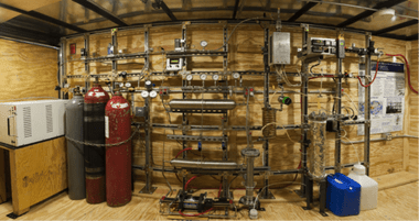 Interior of a mobile methanol synthesis trailer, hydrogen is produced and mixed with carbon dioxide for a fuel process. Photo courtesy of Steve Atkins.