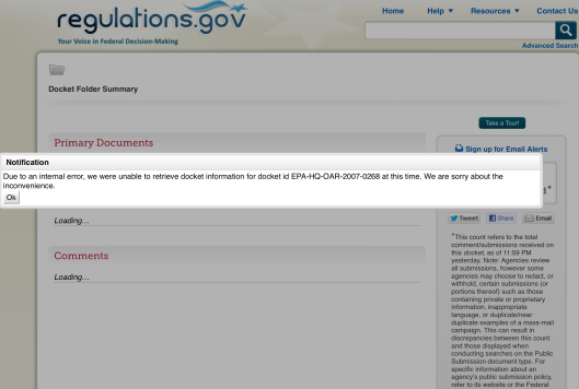 EPA-HQ-OAR-2007-0268, "Guide for Drinking Water after a Radiological Incident" Docket cannot to opened 
