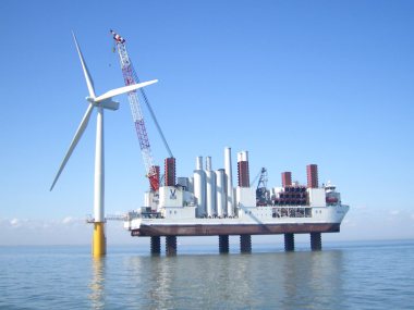 Installation of a new 3-MW Siemens offshore wind turbine. Image: artist's impression by Siemens.