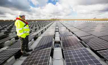 The floating solar farm on Godley Reservoir near Manchester. Photograph: Ashley Cooper