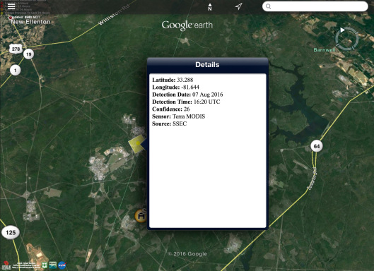 Coordinates SRS Fire H-Area August 7, 2016, 16.20 UTC, Confidence 26
