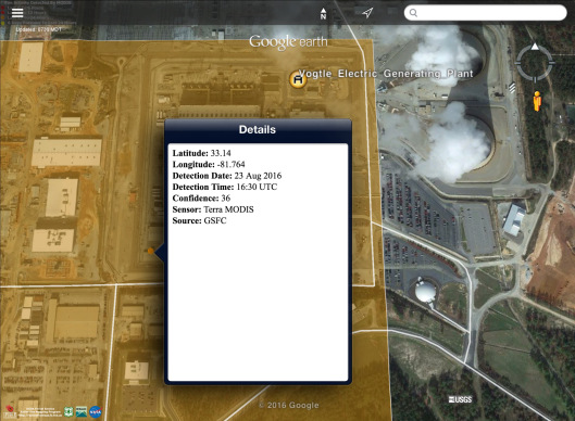 Coordinates Vogtle nuclear PS fire Latitude: 33.14 Longitude: -81.764 Detection Date: 23 Aug 2016 Detection Time: 16:30 UTC Confidence: 36 Sensor: Terra MODIS Source: GSFC