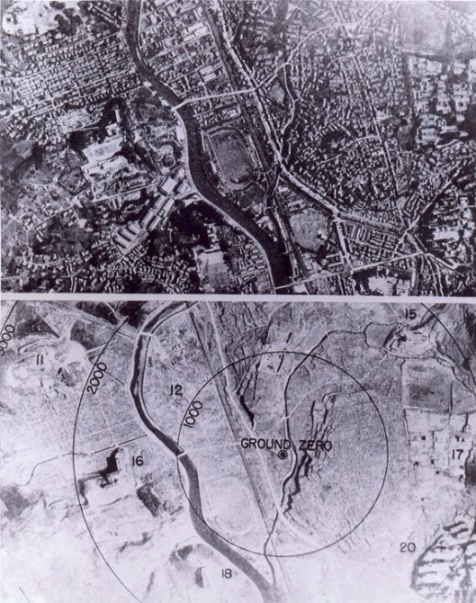 Ground view of Nagasaki before and after the bombing; 1,000 foot circles are shown. (Photo from U.S. National Archives, RG 77-MDH) 