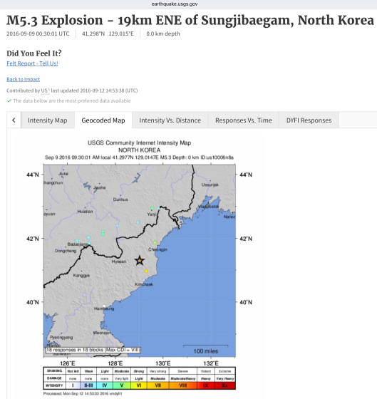 M5.3 Explosion - 19km ENE of Sungjibaegam, North Korea 2016-09-09 00:30:01 UTC 41.298°N   129.015°E 0.0 km depth