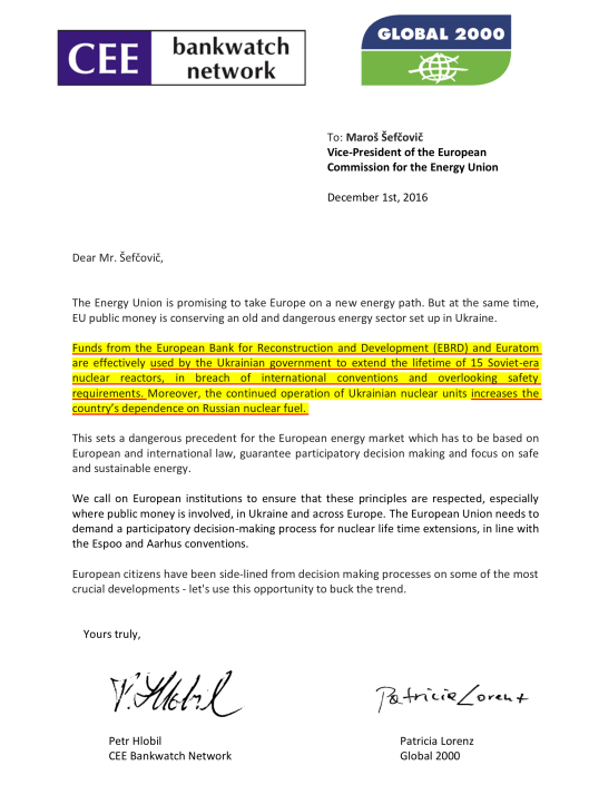 Letter To: Maroš Šefčovič VP of the European Commission for the Energy Union  December 1st, 2016 from Bankwatch